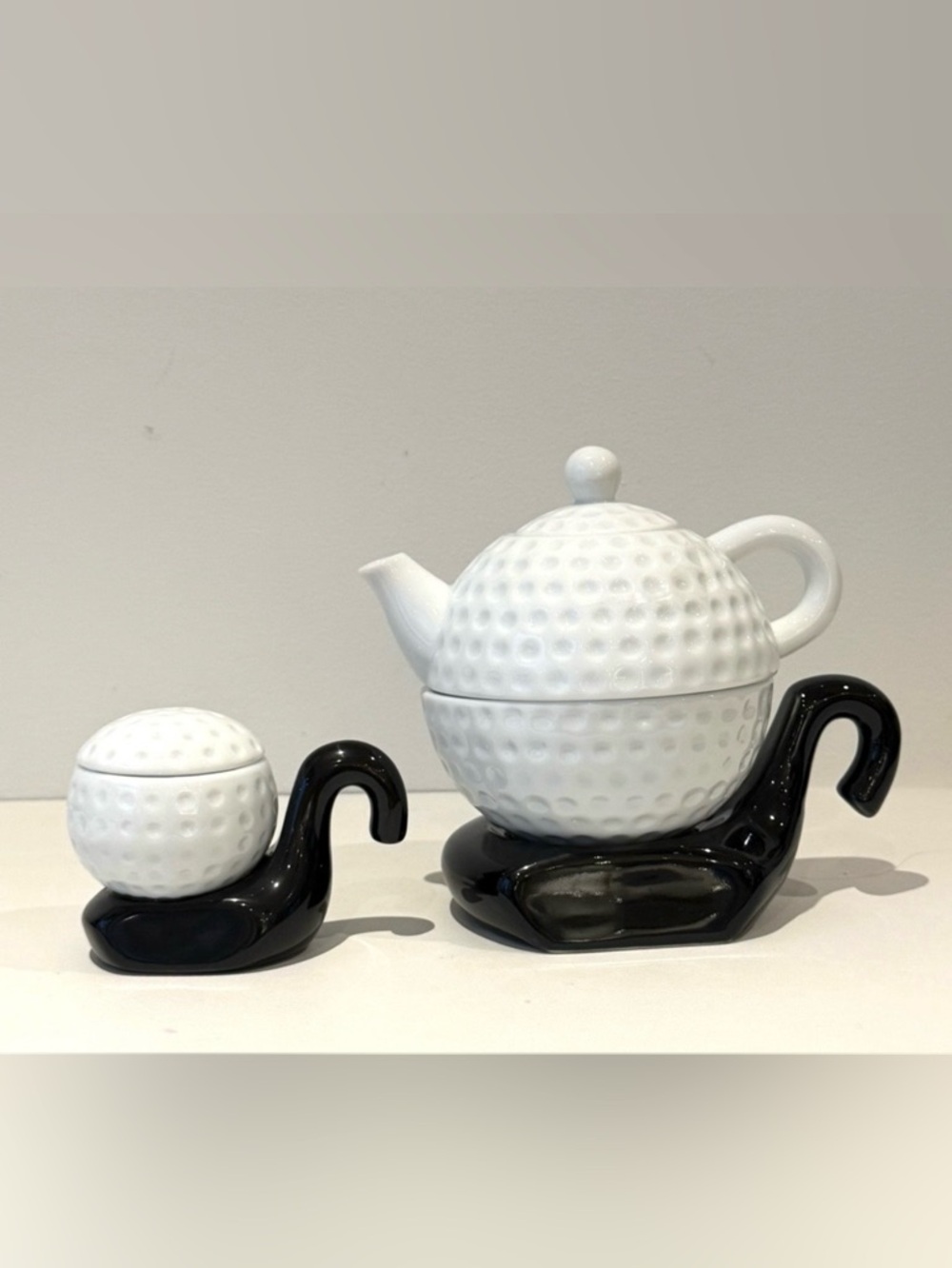Tea for One White and Black Ceramic Golf Ball Teapot Set